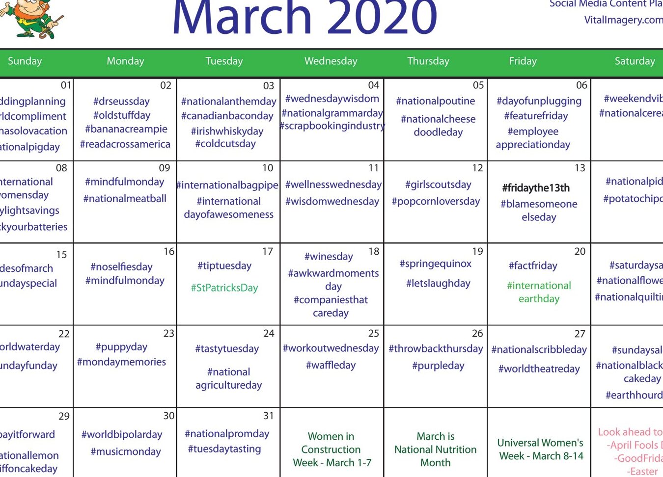 Calendario gratuito de redes sociales - Marzo de 2020 - Blog de imágenes prediseñadas